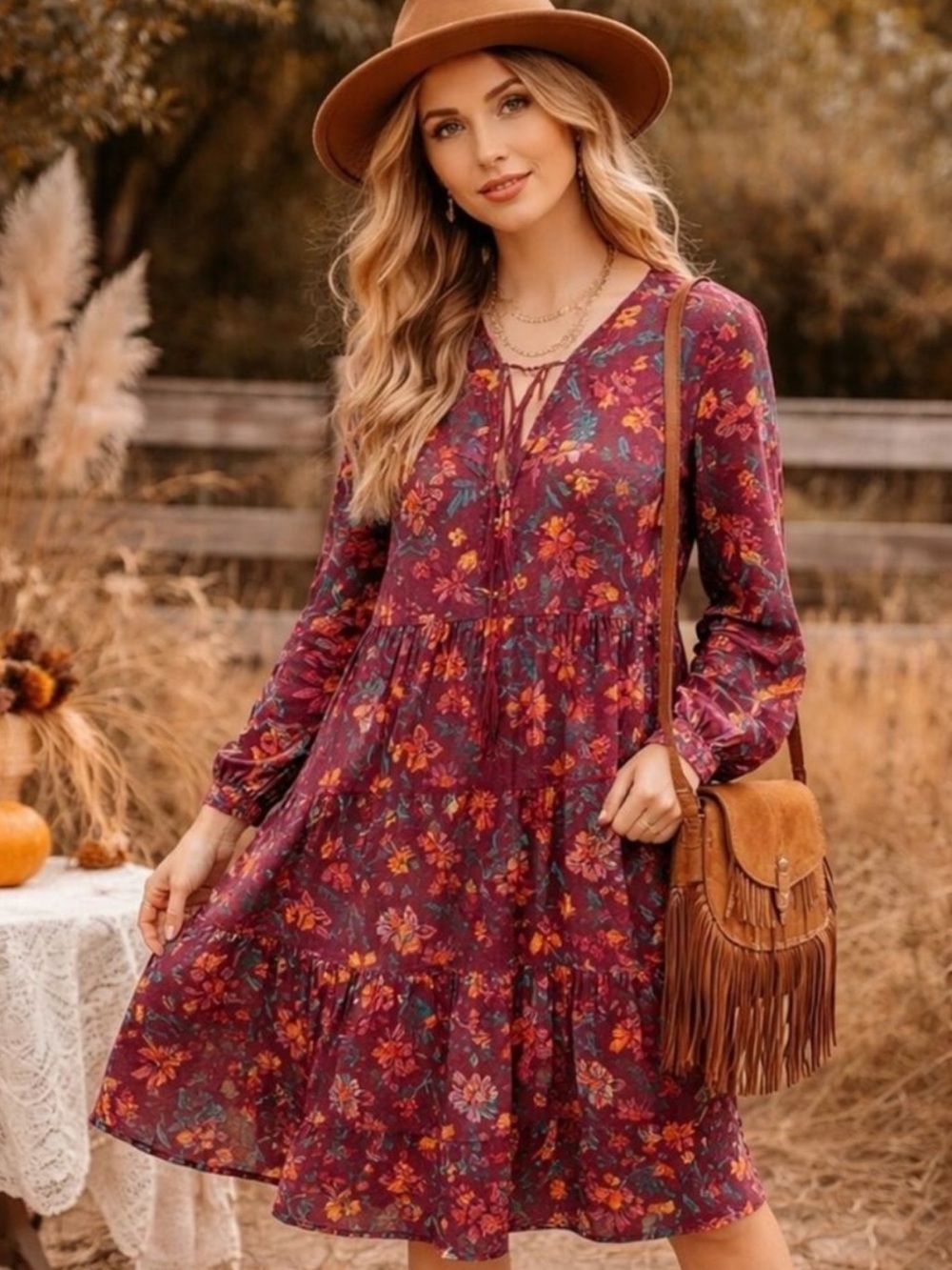 Sundance Maroon Floral Eternal Summer V-Neck Cotton Tiered Midi Dress Size L